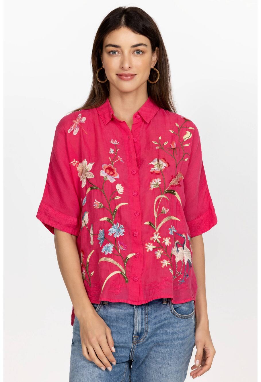 New Johnny Was Vianne Floral Blouse Pink Floral Embroidery Half Sleeve Sz S